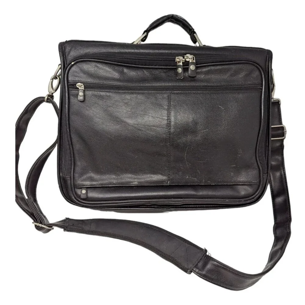 Vintage Dell Black All Leather Laptop Briefcase Messenger Bag Carry On